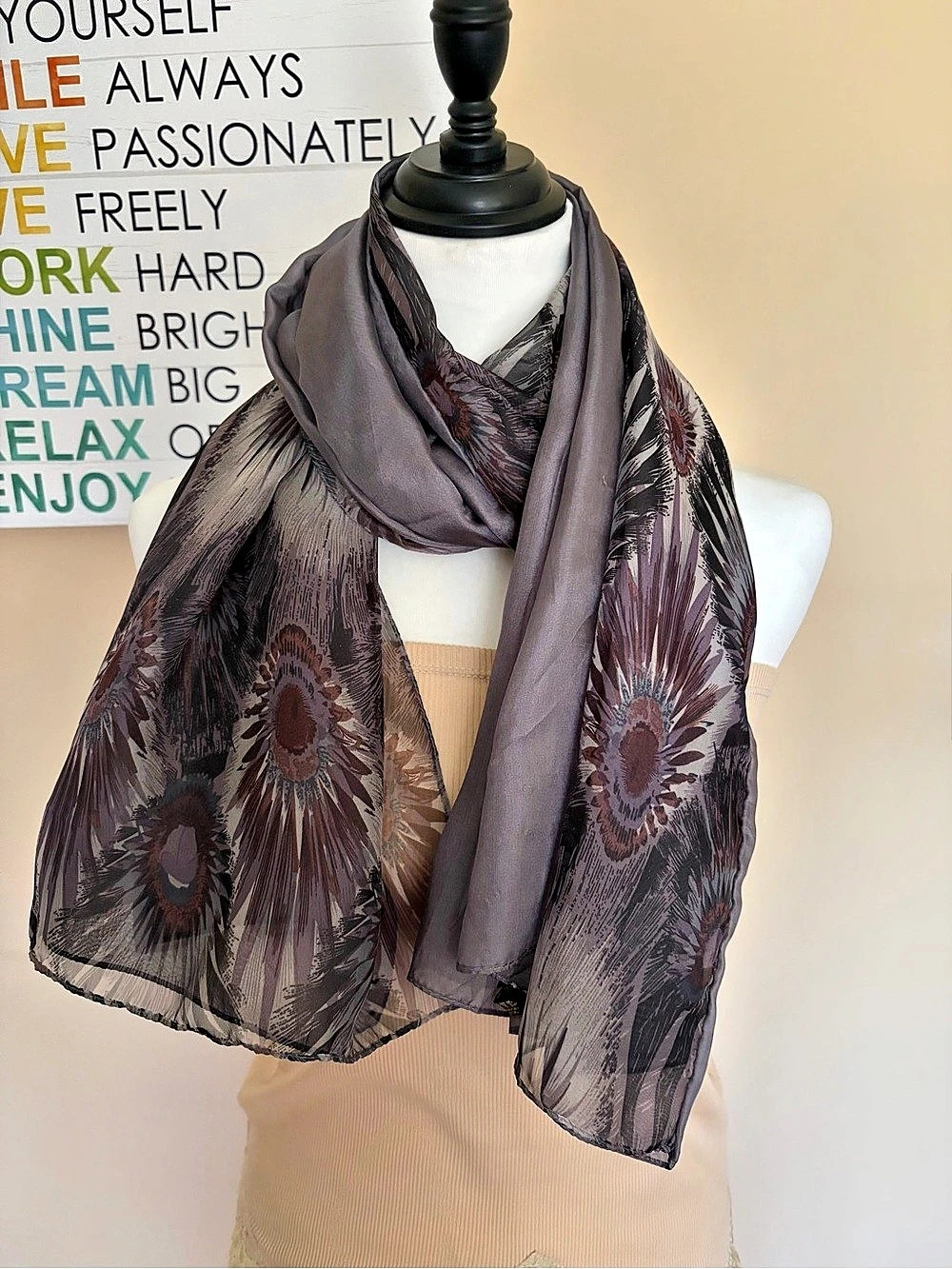 Floral Silk Scarf in Brown & Gray
